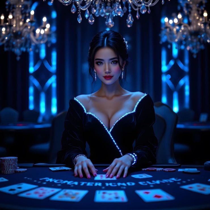 Dealer kasino langsung sedang melayani pemain di meja permainan casino